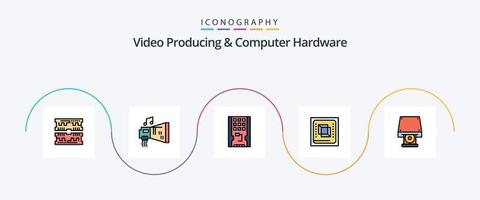 la producción de video y la línea de hardware de la computadora llenaron el paquete de iconos planos 5 que incluye el hardware. computadora. música. chip. sólido vector