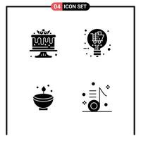 Pictogram Set of 4 Simple Solid Glyphs of cake deepam sweets solution diwali Editable Vector Design Elements