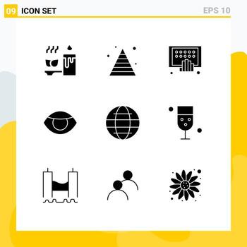 Set of 9 Vector Solid Glyphs on Grid for globe human apps face tablet Editable Vector Design Elements