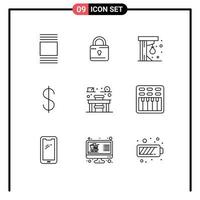 Mobile Interface Outline Set of 9 Pictograms of cinema education fun chair currency Editable Vector Design Elements