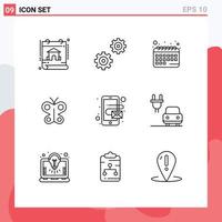 Set of 9 Commercial Outlines pack for car email calendar address insect Editable Vector Design Elements