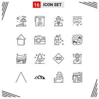 Set of 16 Commercial Outlines pack for camera bottle safety worker baby pollution Editable Vector Design Elements