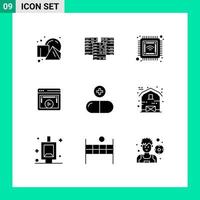 Group of 9 Modern Solid Glyphs Set for video player player server display smart Editable Vector Design Elements