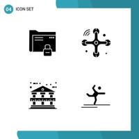 Set of 4 Vector Solid Glyphs on Grid for data architecture protection connections bank building Editable Vector Design Elements