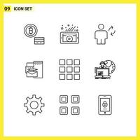 Pack of 9 Modern Outlines Signs and Symbols for Web Print Media such as web design corporate body identity advertising Editable Vector Design Elements