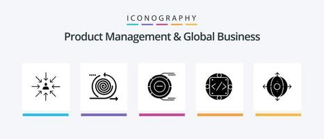 Product Managment And Global Business Glyph 5 Icon Pack Including implementation. code. management. resource. diagram. Creative Icons Design vector