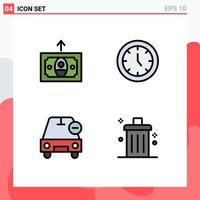 Editable Vector Line Pack of 4 Simple Filledline Flat Colors of cash less clock time vehicles Editable Vector Design Elements