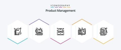 paquete de iconos de 25 líneas de gestión de productos que incluye la configuración. expediente. producto. documento. producto vector