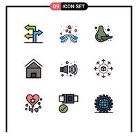 Pack of 9 Modern Filledline Flat Colors Signs and Symbols for Web Print Media such as noise hut food house cottage villa Editable Vector Design Elements