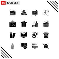 Group of 16 Solid Glyphs Signs and Symbols for wall photo camera stick fire flame Editable Vector Design Elements