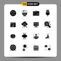 Pack of 16 Modern Solid Glyphs Signs and Symbols for Web Print Media such as day usb card connector cable Editable Vector Design Elements