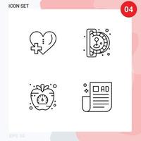 Set of 4 Modern UI Icons Symbols Signs for heart diet plus game vegetable Editable Vector Design Elements