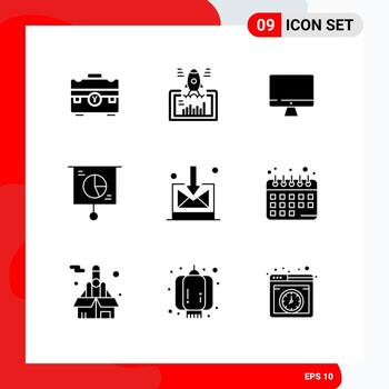 grupo de 9 signos y símbolos de glifos sólidos para elementos de diseño vectorial editables de la pantalla comercial de inicio de gráfico circular vector