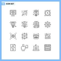 User Interface Pack of 16 Basic Outlines of air balloon idea wall clock time keeper Editable Vector Design Elements