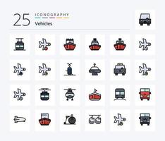 paquete de iconos rellenos de 25 líneas de vehículos que incluye vehículos. transporte. transportación. completado. vehículos vector