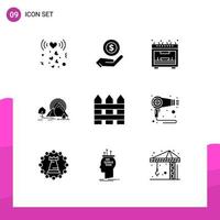Universal Icon Symbols Group of 9 Modern Solid Glyphs of fence rainbow kitchen nature hill Editable Vector Design Elements