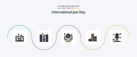 paquete de iconos de 5 planos llenos de línea del día internacional del jazz que incluye. micrófono. mano. audio. pag vector