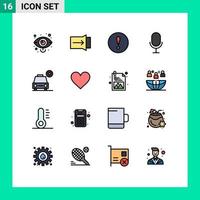 User Interface Pack of 16 Basic Flat Color Filled Lines of love love alert car microphone Editable Creative Vector Design Elements