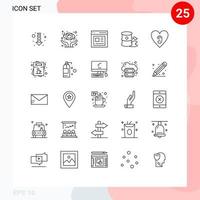 Mobile Interface Line Set of 25 Pictograms of cafe heart interface ear garbage Editable Vector Design Elements