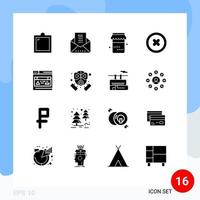 Pack of 16 Modern Solid Glyphs Signs and Symbols for Web Print Media such as fire web jam interface remove Editable Vector Design Elements