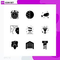 Pack of 9 Modern Solid Glyphs Signs and Symbols for Web Print Media such as cooking interaction chicken human brain Editable Vector Design Elements