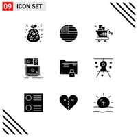 Group of 9 Modern Solid Glyphs Set for technology mobile usa devices shopping Editable Vector Design Elements