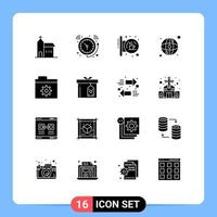 Pictogram Set of 16 Simple Solid Glyphs of network world time signal hanging signpost Editable Vector Design Elements