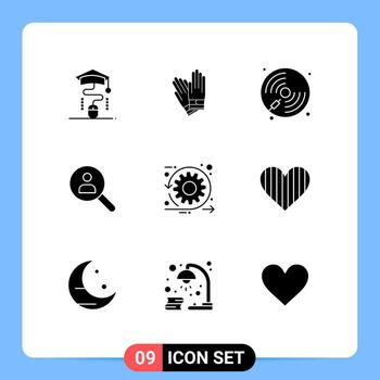 Set of 9 Vector Solid Glyphs on Grid for search networking disc find play Editable Vector Design Elements