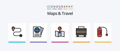 mapas y línea de viaje llenaron un paquete de 5 íconos que incluye. alfiler. equipaje. localización. mapas diseño de iconos creativos vector