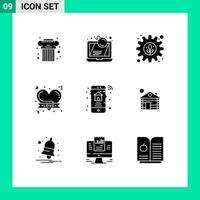 9 Thematic Vector Solid Glyphs and Editable Symbols of home love laptop hearts setting Editable Vector Design Elements