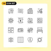 Pack of 16 Modern Outlines Signs and Symbols for Web Print Media such as viral network office injection day Editable Vector Design Elements