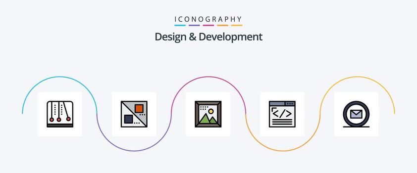 la línea de diseño y desarrollo llenó el paquete de iconos planos 5 que incluye el desarrollo. diseño web. diseño. contenido web. navegador vector
