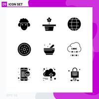 Pack of 9 creative Solid Glyphs of science bowl globe sweet donut Editable Vector Design Elements