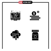 Mobile Interface Solid Glyph Set of 4 Pictograms of message down screen money computing Editable Vector Design Elements