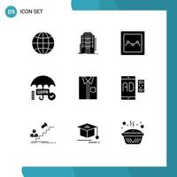 Group of 9 Solid Glyphs Signs and Symbols for clothing shirt analytics secure security Editable Vector Design Elements