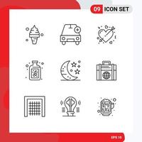 Pack of 9 Modern Outlines Signs and Symbols for Web Print Media such as bottle berry plus marriage heart Editable Vector Design Elements