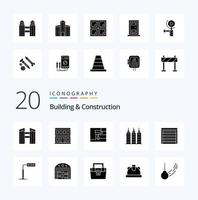 20 paquete de iconos de glifos sólidos de construcción y construcción como construcción de puertas de pintura de la ciudad de la casa vector