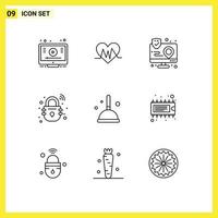 Group of 9 Outlines Signs and Symbols for broom smart action lock map Editable Vector Design Elements