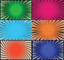 Comic book colorful frames background with halftone rays radial and dotted effects pop art style vector