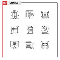 conjunto de 9 iconos de interfaz de usuario modernos signos de símbolos para elementos de diseño de vector editables de contacto de caja de ventana de regalo de documento