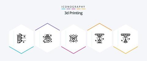 Paquete de iconos de 25 líneas de impresión 3d que incluye láser. impresora. producto modelado. forma vector