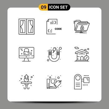 conjunto de pictogramas de 9 contornos simples de desarrollo de protección dmca de pantalla carpeta segura elementos de diseño vectorial editables vector