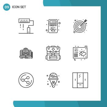 Group of 9 Outlines Signs and Symbols for story novel calculator writing target Editable Vector Design Elements