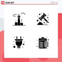 4 User Interface Solid Glyph Pack of modern Signs and Symbols of architecture and city electric tower gavel socket Editable Vector Design Elements