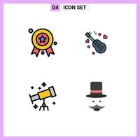 Pack of 4 Modern Filledline Flat Colors Signs and Symbols for Web Print Media such as award space badge music moustache Editable Vector Design Elements