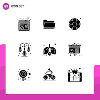 Mobile Interface Solid Glyph Set of 9 Pictograms of chart pollution gym lungs light Editable Vector Design Elements