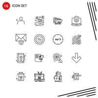 Mobile Interface Outline Set of 16 Pictograms of mail protection date protected internet Editable Vector Design Elements