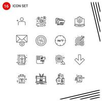 Mobile Interface Outline Set of 16 Pictograms of mail protection date protected internet Editable Vector Design Elements