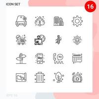 16 Universal Outline Signs Symbols of shopping check building gear protection Editable Vector Design Elements