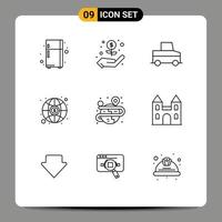 Editable Vector Line Pack of 9 Simple Outlines of cathedral map truck globe creative Editable Vector Design Elements